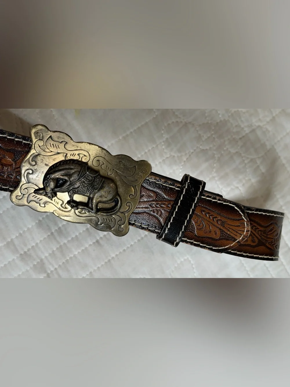 Kids Cowboy Western Rodeo Tooled Leather Belt Metal Horse Buckle Made In USA